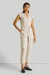 Buy_Reistor_Beige Slub Hemp Plain V Neck Evening Chai Straight Jumpsuit  _at_Aza_Fashions