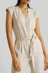 Shop_Reistor_Beige Slub Hemp Plain V Neck Evening Chai Straight Jumpsuit  _Online_at_Aza_Fashions