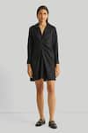 Shop_Reistor_Black Organic Cotton Plain Notched Collar Front Twisted Dress _Online_at_Aza_Fashions