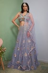 Buy_Papa Don't Preach_Grey Tulle Embellished 3d Flowers V Neck Floral Bridal Lehenga Set _at_Aza_Fashions