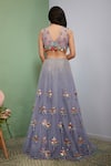 Shop_Papa Don't Preach_Grey Tulle Embellished 3d Flowers V Neck Floral Bridal Lehenga Set _at_Aza_Fashions