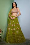 Buy_Papa Don't Preach_Green Tulle Embroidered Bead Work Scoop Olivine Floral Lehenga Set _at_Aza_Fashions