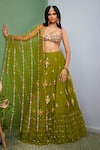 Papa Don't Preach_Green Tulle Embroidered Bead Work Scoop Olivine Floral Lehenga Set _Online_at_Aza_Fashions