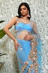 Papa Don't Preach_Blue Tulle Embellished 3d Flowers Time For You Pre-stitched Saree With Blouse _Online_at_Aza_Fashions