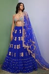 Buy_Papa Don't Preach_Blue Tulle Embellished Shimmering Glass Crystals Plunged Artworq Lehenga Set _at_Aza_Fashions