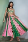 Papa Don't Preach_Fuchsia Raw Silk Embellished Aari Scoop Striped Colorblock Lehenga And Blouse Set _Online_at_Aza_Fashions