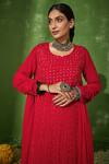 House of Chikankari_Red Georgette Embroidery Chikankari Round Taibah Work Kurta Pant Set  _at_Aza_Fashions