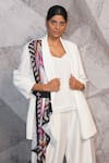 Archana Kochhar_Ivory Italian Suiting Fabric Printed Geometric Blazer Lapel Draped And Pant Set _Online_at_Aza_Fashions