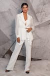 Buy_Archana Kochhar_Ivory Georgette, Silk, Polyester Embroidery, Sequins Elegant Blazer Pant Set _at_Aza_Fashions