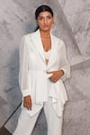 Archana Kochhar_Ivory Georgette, Silk, Polyester Embroidery, Sequins Elegant Blazer Pant Set _Online_at_Aza_Fashions