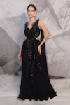 Buy_Archana Kochhar_Black Georgette Embellished Threads Plunged Sequin Embroidered Draped Saree Gown _at_Aza_Fashions