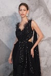 Archana Kochhar_Black Georgette Embellished Threads Plunged Sequin Embroidered Draped Saree Gown _Online_at_Aza_Fashions