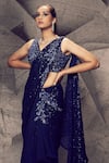 Archana Kochhar_Blue Georgette, Net Sequins, Beads, Shimmering Pre-draped Saree With Blouse _Online_at_Aza_Fashions