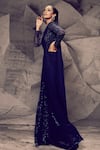 Buy_Archana Kochhar_Blue Net, Georgette, Lycra Sequins, Shimmering Pre-draped Saree With Leotard _Online_at_Aza_Fashions