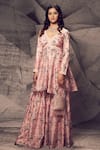 Buy_Archana Kochhar_Pink Raw Silk Printed Floral V Neck Kurta Sharara Set _at_Aza_Fashions