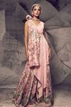 Buy_Archana Kochhar_Pink Raw Silk Printed Floral V Neck Asymmetric Kurta And Sharara Set _at_Aza_Fashions