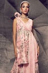 Archana Kochhar_Pink Raw Silk Printed Floral V Neck Asymmetric Kurta And Sharara Set _Online_at_Aza_Fashions