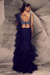 Shop_Archana Kochhar_Blue Georgette, Net Beads, Shimmering Ruffle Saree And Embellished Blouse Set _at_Aza_Fashions