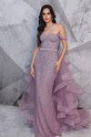 Buy_Archana Kochhar_Purple Net Embroidered Pearl Stone Corset Gown With Ruffle Trail For Women_at_Aza_Fashions