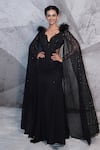 Buy_Archana Kochhar_Black Lycra Embroidered Thread V Neck Retro Cape Sleeve Gown _at_Aza_Fashions