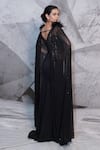 Shop_Archana Kochhar_Black Lycra Embroidered Thread V Neck Retro Cape Sleeve Gown _at_Aza_Fashions