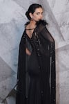 Archana Kochhar_Black Lycra Embroidered Thread V Neck Retro Cape Sleeve Gown _Online_at_Aza_Fashions