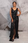 Buy_Archana Kochhar_Black Net Embroidered Sequin V Neck Quintessential Front Slit Gown _at_Aza_Fashions