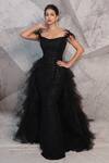 Buy_Archana Kochhar_Black Net Embroidered Bead Off Shoulder Neck Gown With Ruffle Trail _at_Aza_Fashions