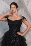 Archana Kochhar_Black Net Embroidered Bead Off Shoulder Neck Gown With Ruffle Trail _Online_at_Aza_Fashions