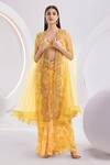 Buy_Divya Aggarwal_Yellow Satin Beads, Stones V-neck Hand Embroidered Cape Skirt Set _at_Aza_Fashions