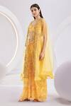 Divya Aggarwal_Yellow Satin Beads, Stones V-neck Hand Embroidered Cape Skirt Set _Online_at_Aza_Fashions