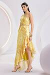 Divya Aggarwal_Yellow Satin Printed Abstract One Shoulder Dress _Online_at_Aza_Fashions