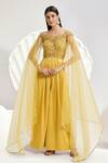 Buy_Divya Aggarwal_Yellow Heavy Satin Hand Embroidered Beads Off Shoulder Bodice Jumpsuit _at_Aza_Fashions