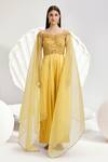 Divya Aggarwal_Yellow Heavy Satin Hand Embroidered Beads Off Shoulder Bodice Jumpsuit _Online_at_Aza_Fashions