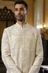 Vikram Phadnis_Ivory Silk Embroidery Thread Sherwani Set _at_Aza_Fashions