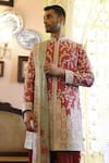 Vikram Phadnis_Peach Sherwani Embroidery Thread Silk Floral Set With Stole _Online_at_Aza_Fashions