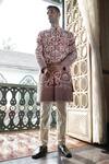 Shop_Vikram Phadnis_Peach Sherwani And Kurta Silk Embroidery Cutdana Floral Set _at_Aza_Fashions