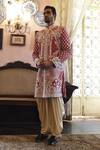 Buy_Vikram Phadnis_Peach Sherwani And Kurta Raw Silk Embroidery Cutdana Salwar Set _at_Aza_Fashions