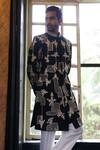 Buy_Vikram Phadnis_Black Sherwani And Kurta Raw Silk Embroidery Thread Geometric Set _Online_at_Aza_Fashions