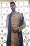 Vikram Phadnis_Beige Sherwani Embroidery Thread Silk Floral Jaal Set With Stole _Online_at_Aza_Fashions