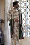 Vikram Phadnis_Ivory Sherwani Embroidery Thread Raw Silk Botanical Set With Stole _Online_at_Aza_Fashions