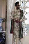 Shop_Vikram Phadnis_Ivory Sherwani Embroidery Thread Raw Silk Botanical Set With Stole _Online_at_Aza_Fashions