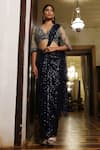 Buy_Vikram Phadnis_Blue Pre-draped Saree Stretch Net Embroidery Sequin Embellished With Blouse _at_Aza_Fashions