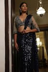 Vikram Phadnis_Blue Pre-draped Saree Stretch Net Embroidery Sequin Embellished With Blouse _Online_at_Aza_Fashions