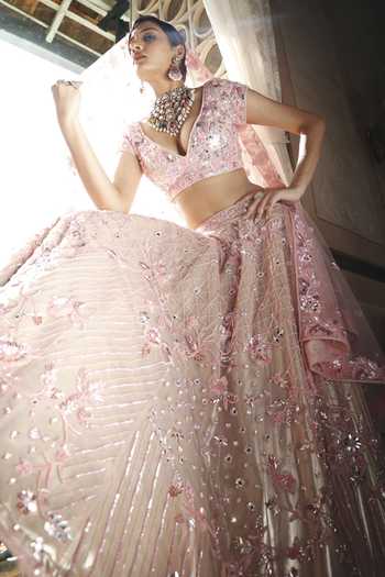 Shop_Vikram Phadnis_Pink Net Embroidery Beads Sweetheart Neck Peony Bloom Bridal Lehenga Set _at_Aza_Fashions