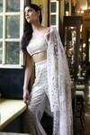 Shop_Vikram Phadnis_Ivory Net Hand Embroidered Sequins Bustier Cape With Bell Bottom Pant Set _Online_at_Aza_Fashions