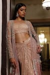 Vikram Phadnis_Pink Cape Yoke  Net Hand Embroidered Cutdana Tiered With Draped Skirt Set _Online_at_Aza_Fashions