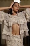 Vikram Phadnis_Ivory Net Hand Embroidered Sequins Layered Frill Jacket With Draped Skirt Set _Online_at_Aza_Fashions