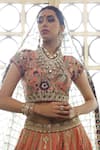 Shop_Vikram Phadnis_Peach Lehenga And Blouse Silk Embroidered Threadwork Floral 24 Kali Bridal Set _at_Aza_Fashions