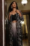 Shop_Vikram Phadnis_Black Skirt Lycra Hand Embroidered Gun Metal Ombre Draped Set With Cape _at_Aza_Fashions